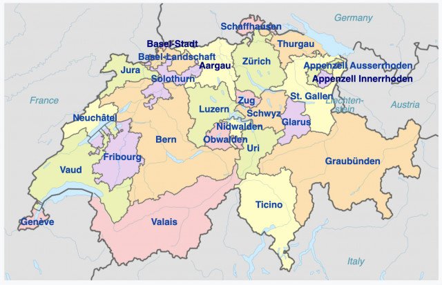 La carte cantonale actuelle de la Suisse. Image : Wikicommons