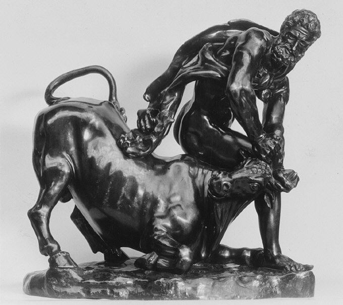 Hercule et le taureau crétois, sculpture en bronze du début du 17ème siècle. 
