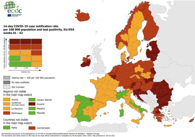 Taux d'infection nocturne par le Covid-19 dans l'UE le 28 octobre 2021. Carte : Centre européen de prévention et de contrôle des maladies