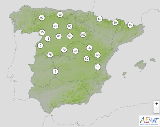 Pourcentage de probabilité de chute de neige le mardi 23 novembre. Carte : AEMET