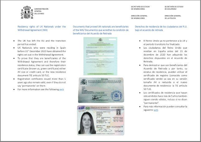 Le document officiel du gouvernement espagnol qui prouve que les documents de résidence verts des Britanniques sont toujours valables en Espagne.