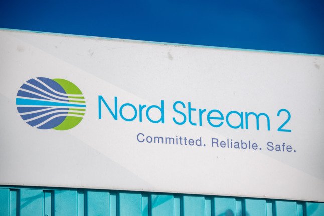 Un panneau pour le gazoduc Nord Stream 2 à Lubmin.
