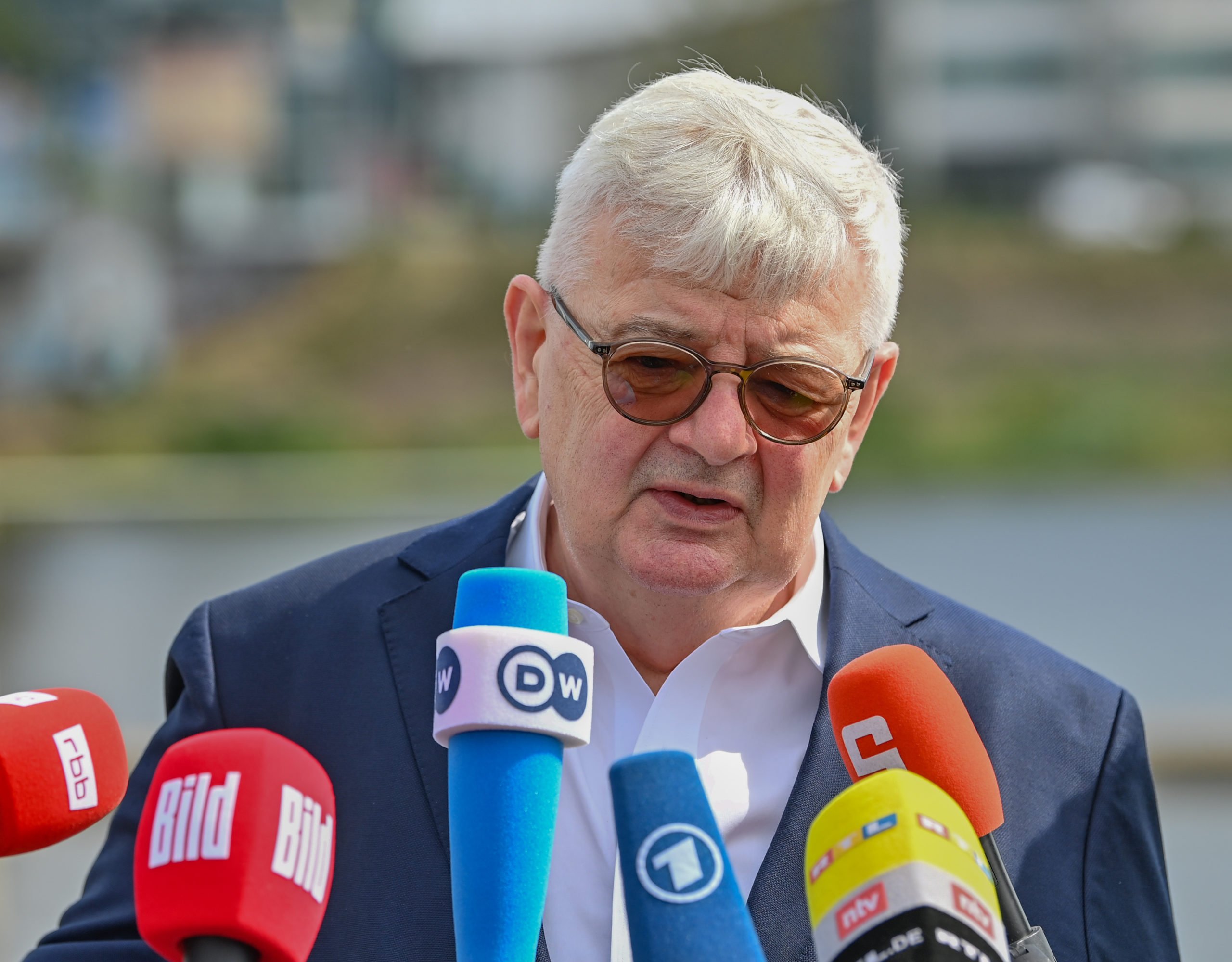 Joschka Fischer (Verts) ancien ministre allemand des Affaires étrangères lors d'un événement de campagne électorale à Francfort-sur-l'Oder en août 2021. 