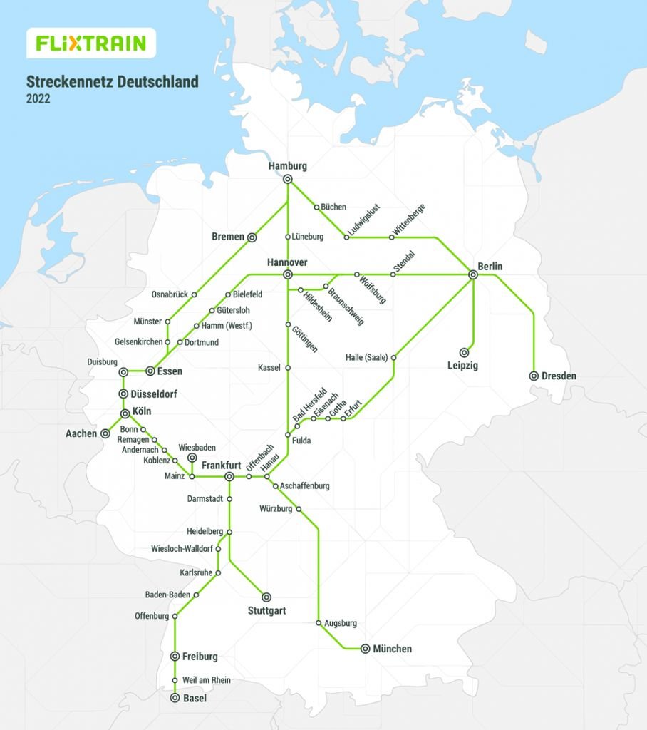 Un aperçu du réseau de lignes de Flixtrain en 2022. 