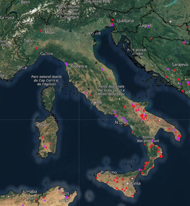 Incendies actifs en Italie le mercredi 20 juillet. Carte par EFFIS.
