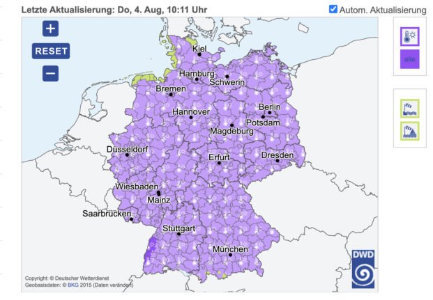 Une carte de l'Allemagne montrant les avertissements de chaleur en violet.